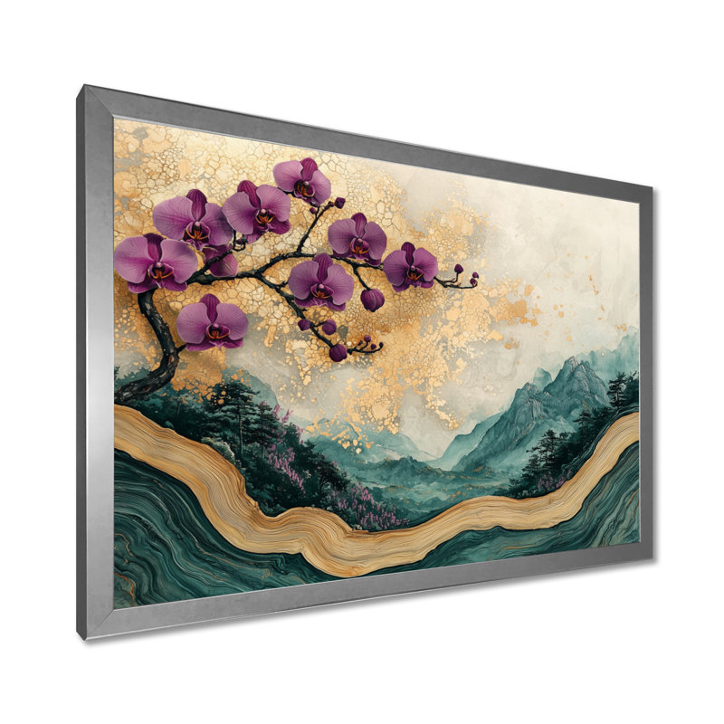 Jacauri, fleurs d'orchidées lavande sur géode émeraude I - art mural orchidée, H 12 po x l 20 po, Argent argent