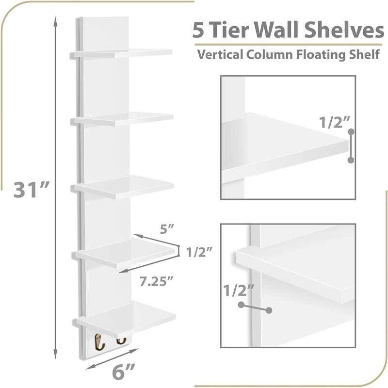 Étagère murale à 5 niveaux avec crochets, étagère utilitaire à colonne verticale pour la décoration intérieure et le rangement, tablettes flottantes murales (blanc, paquet de 1)