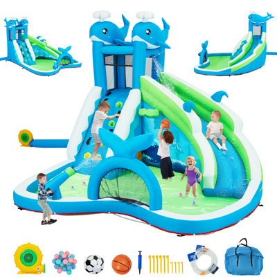 12x12.5ft Inflatable Water Slide, 6-in-1 Whale Bounce House For Kids With Water Cannon, Climbing Wall, Basketball Hoop, Soccer Goal, Storage Bag & 480w Blower