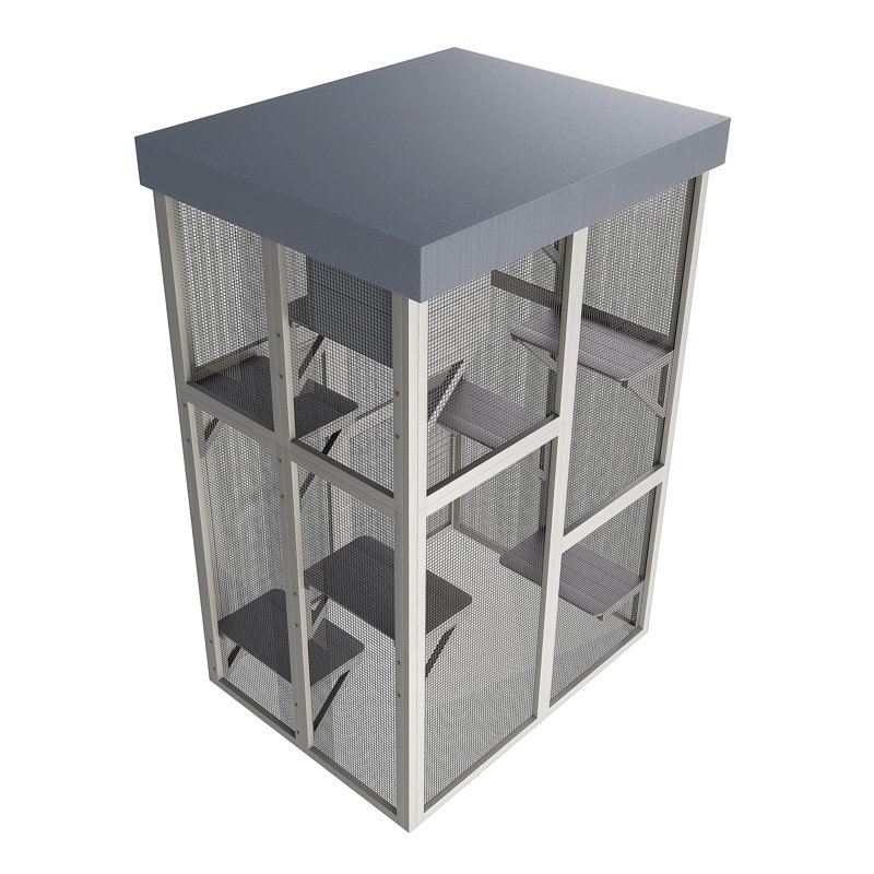 Enceinte de chat d'extérieur en bois de 70,5 po de hauteur, grand parc pour chat en bois massif avec 6 plates-formes de saut et 2 cabanes de sieste, housse de bâche mobile