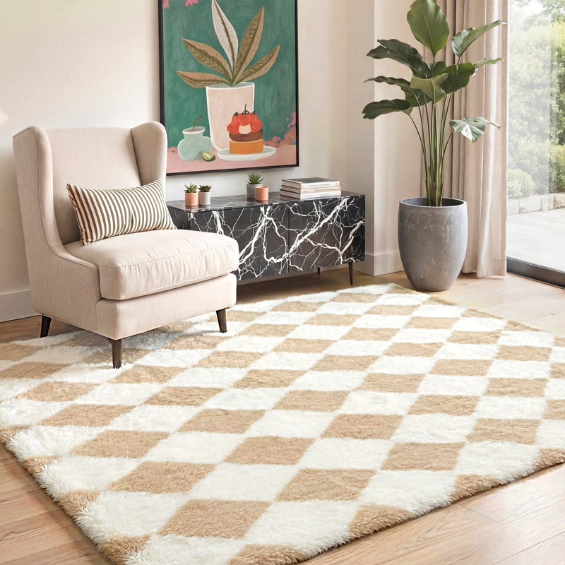 Modern Beige/Brown Machine-Washable Checkered Shag Area Rug, Rectangle 5' x 7', Beige