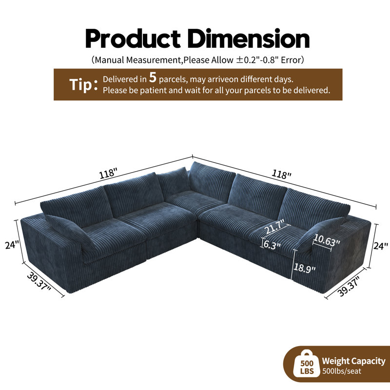 Boneless V-Shaped Modular Corner Sectional 5-Piece Plush Corduroy Sofa,118"W Cloud Couch,No Assembly Required Boneless Couch