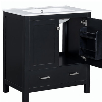 Meuble-lavabo noir de 30 po avec lavabo simple, armoire combinée avec lavabo installé en dessous, avec 2 portes et un tiroir