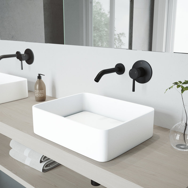 Jasmine 18" L x 15" W x 5" H Rectangular White Matte Stone Vessel Bathroom Sink with 5" H Faucet