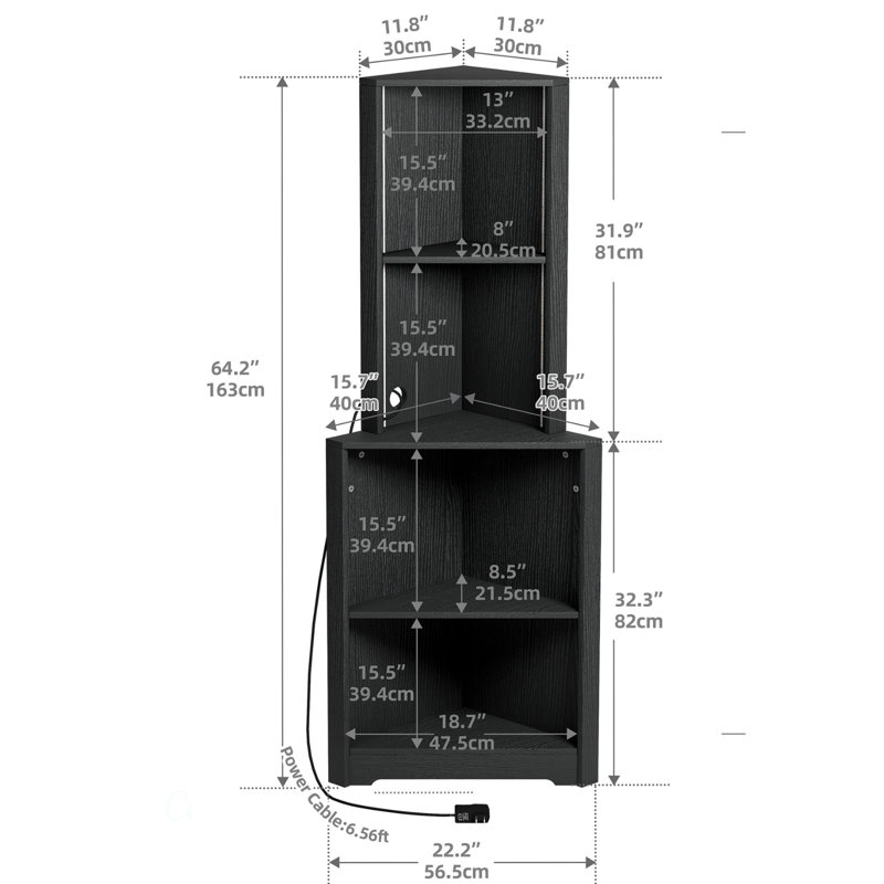 64'' H Corner Shelf Stand With Led Light, Wooden Open Corner Cabinet Display Storage Rack, Black