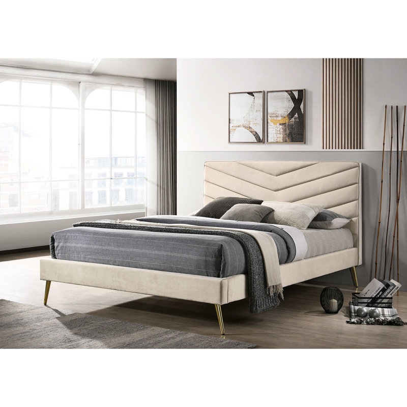 Lit avec cadre de style Mid-Century moderne et tête de lit en tissu beige, Lit double