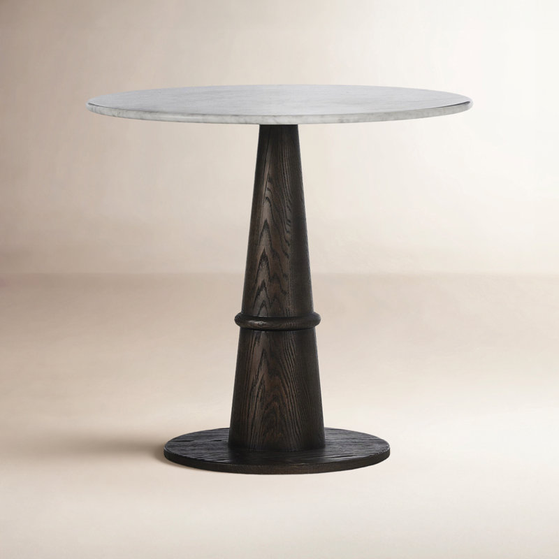 Goetz Bar Table-Brown Oak-Bar, Honed White Marble/Brown Oak, 30" H x 32" L x 32" W