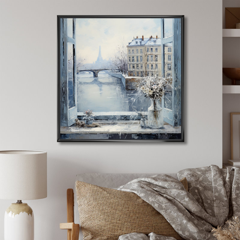 Hiver Paris, Tour Eiffel, ville charmante VI - Art mural de Paris, Cadre flottant noir, H 36 po x l 36 po x P 1,5 po