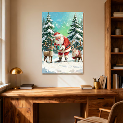 Noël père Noël avec renne dans la forêt enneigée
