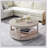 40Inch Large Curved 2 Tier Traditional Round Wooden Coffee Table With Wheels, Mid Century Rustic Style For Living Room-448489259