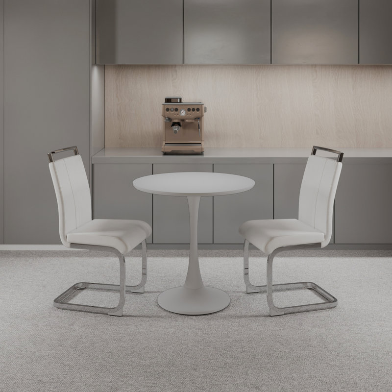 Table de salle à manger 31,5 "circulaire, table à manger tulipe, table de salle à manger pour 2 à 4 personnes et 2 chaises de salle à manger en métal blanc