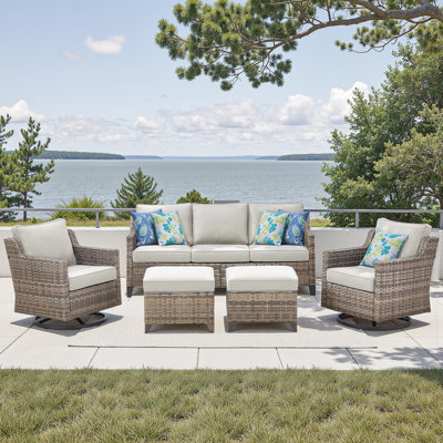 Lark Manor™ 5 Pieces Outdoor Wicker Patio Conversation Furniture Set, 5-Person Seating Group With Swivel Chairs & Ottomans, All-Weather PE Rattan Outdoor Sofa Set For Poolside, Garden, Deck, Blue, Beige