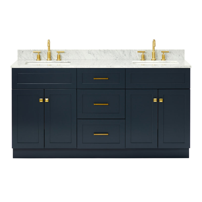 Partham 67" Freestanding Double Bathroom Vanity with Carrara Marble Top, Bleu