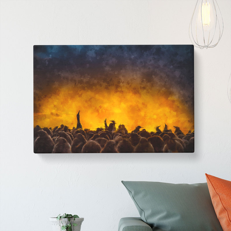 King Penguins & Orange Sunset - Wrapped Canvas Painting Print, 60cm H x 91cm W x 3cm D