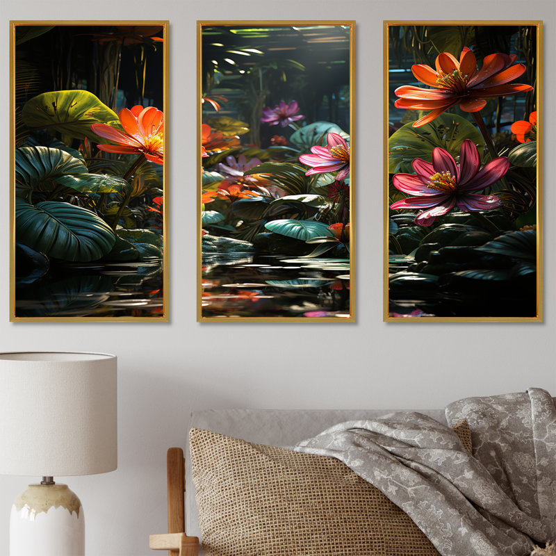 Fantasy Jungle Plants - ensemble d'art mural sur toile Plants, Cadre flottant doré, H 32 po x l 48 po x P 1 po