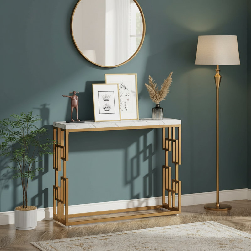 This Understated Gold Console Table Features A White Faux Marble Design, Exuding Modern Simplicity And Suitable For Entryways, Hallways, Foyer, And Living Rooms.