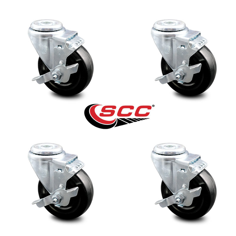 4 Inch Hard Rubber Wheel Swivel Bolt Hole Caster Set with Brake Service Caster