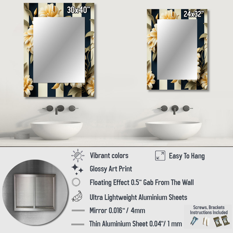 Demarrea Nautical Charm rayé motif floral - rayé, miroir mural unique, 32 po x 24 po