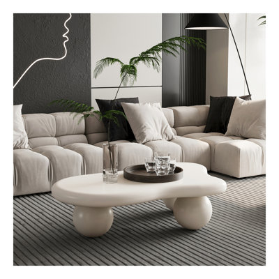Table basse de 40 pouces en forme de nuage avec 3 pieds sphériques pour le salon, blanc crème