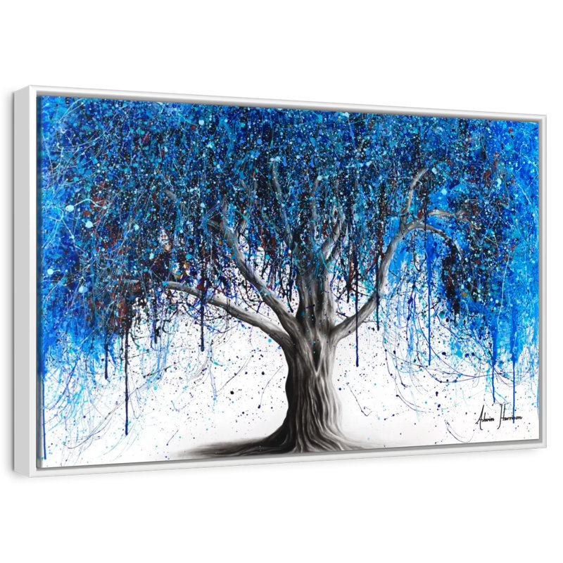Arbre bleu au clair de lune, Cadre flottant blanc, 19 po x 13 po