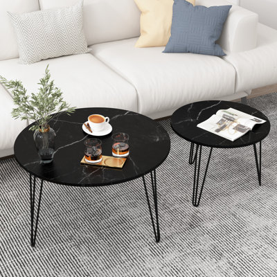 Paire de tables basses gigognes 28,38 po, tables de bout en métal et plateau en marbre. Noir pour chambre à coucher, bureau. Tables à la mode, 2, salon de table à base solide, chambre d'amis,