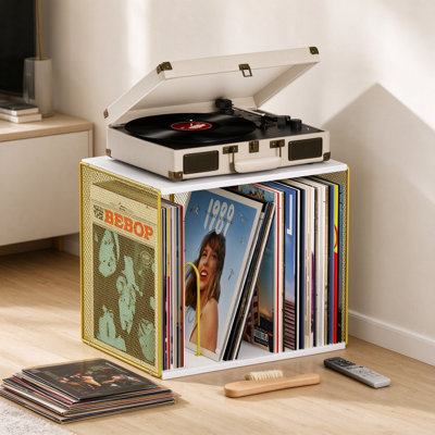 Armoire de rangement modulaire empilable pour disques vinyles avec séparateurs dorés, caisse à disques en bois et tablette de rangement pour salle de musique, présentoir de salon et support de tourne-disque