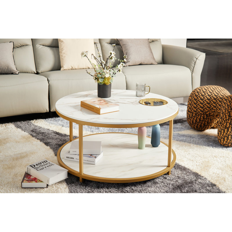 Table basse ronde avec plateau de rangement Barbara, Plateau blanc / cadre doré