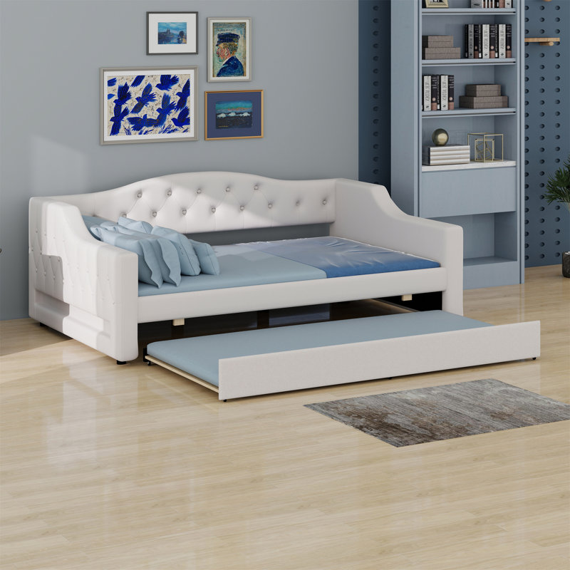 Upholstered Daybed With LED Belt And Trundle, Beige