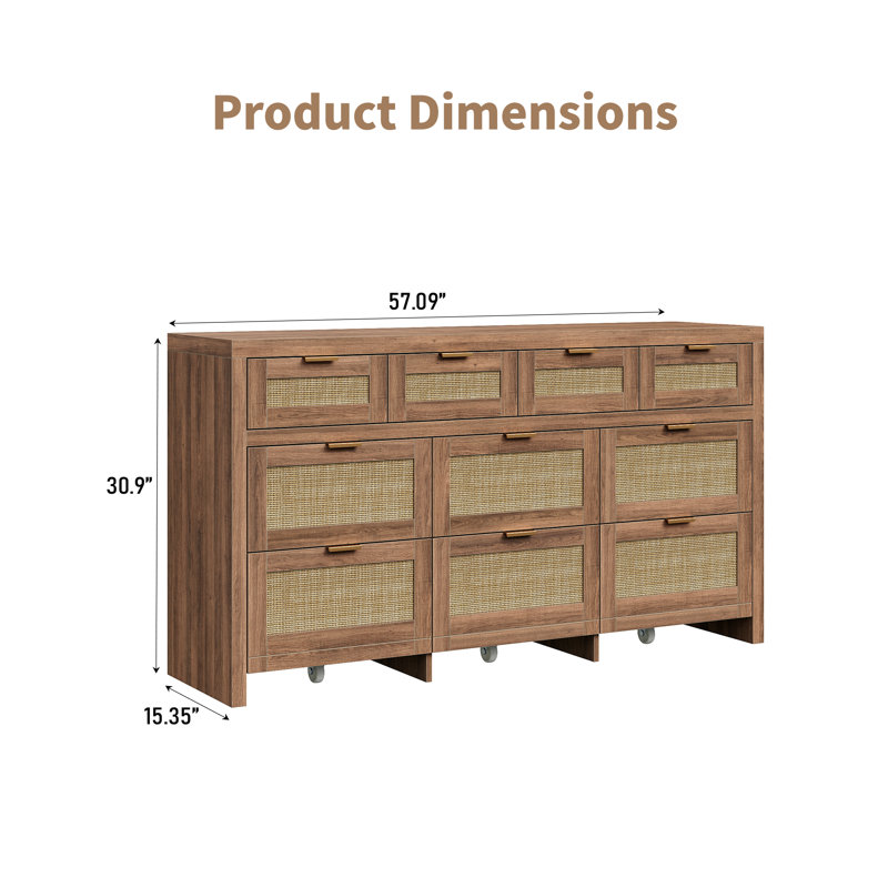 10-Drawer Rattan Dresser With Wheels ,Walnut