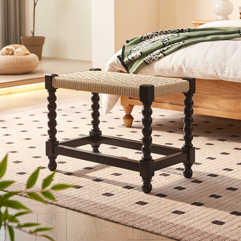 Beige Black Solid Wood Linen Bench