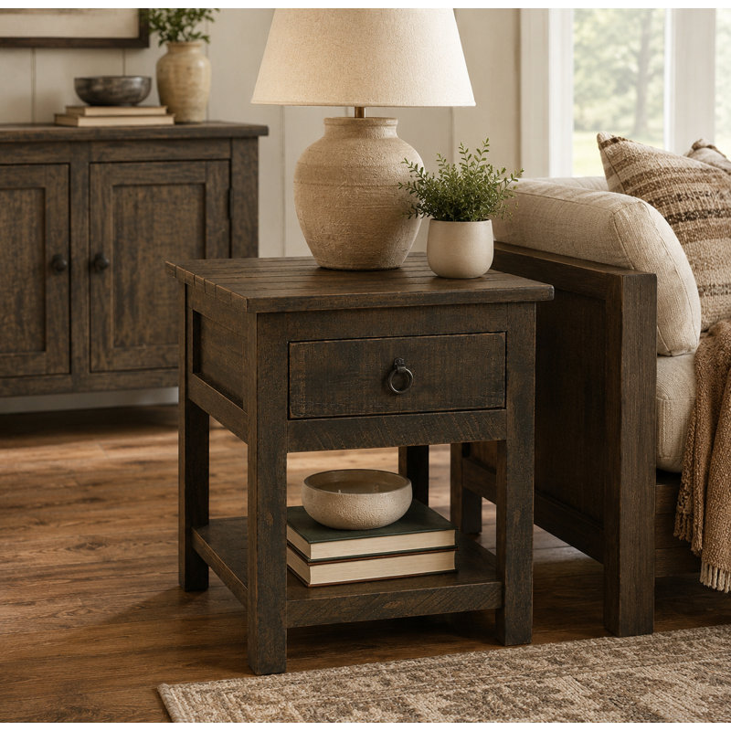 Canales Solid Wood End Table with Storage, Rustic Driftwood