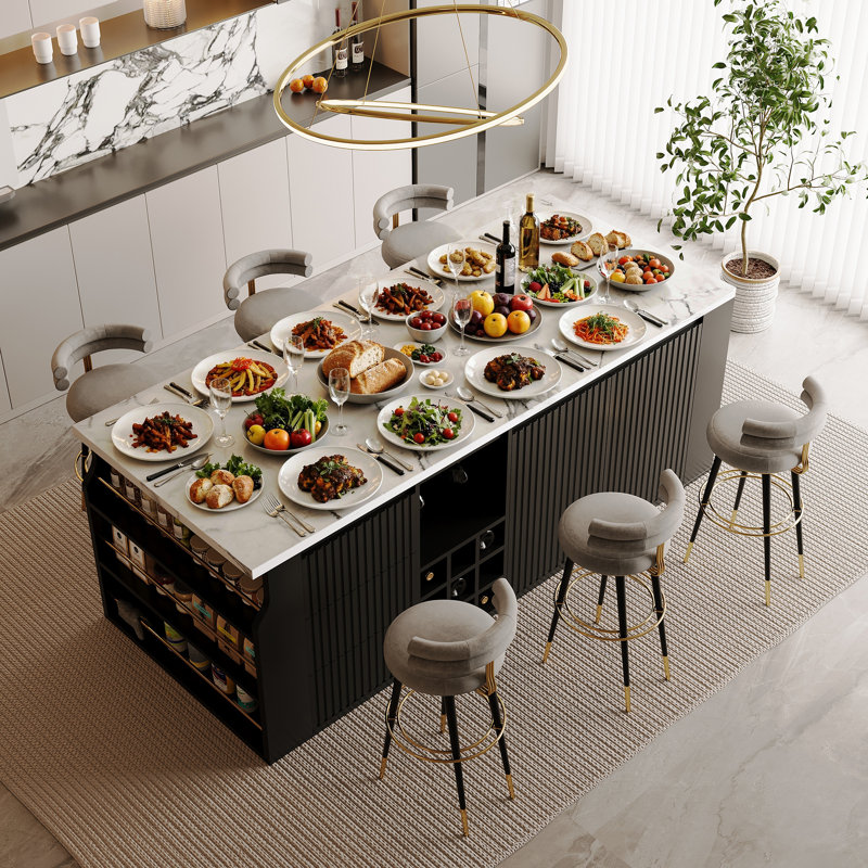 70.8'' Kitchen Island With Storage Drawer Cabinet Open-Sided Shelves Wine Rack, Open-Concept Kitchen Home Bar Cabinet With Seating Area
