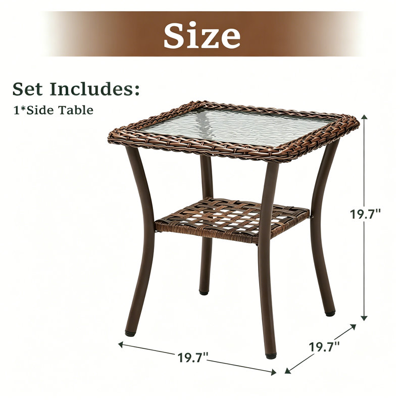 Table d'appoint d'extérieur en osier, table de bout carrée en rotin PE toutes saisons avec plateau en verre trempé, petite table de patio pour piscine, balcon, terrasse, porche | Brun