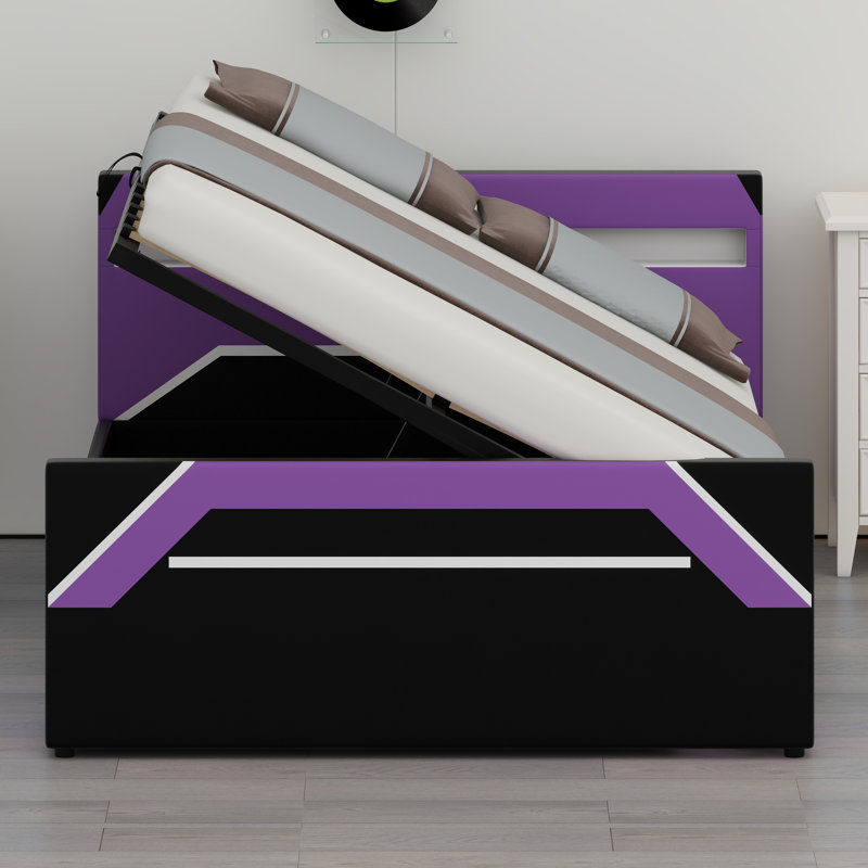 Gaming Platform Bed with LED Headboard, Side-Lift Hydraulic Storage, Futuristic Cyberpunk Design, Black+Purple