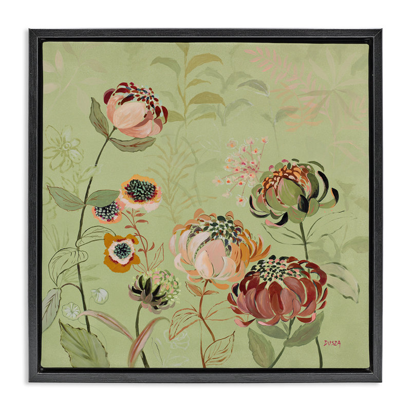 Chrysanthèmes enroulés sur cadre flottant vert, design par Dusza, Cadre flottant noir de jais, H 18 po x l 18 po
