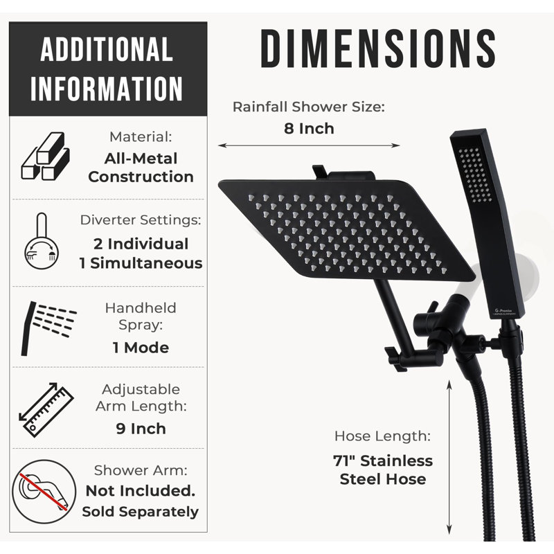 8-Inch Dual Square Shower Head Combo, Rain Shower Head, Handheld Shower Wand With 71-Inch Extra Long Hose, 3-Way Diverter