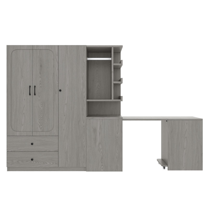 Armoire-penderie multifonctionnelle avec bureau pliable, Gris