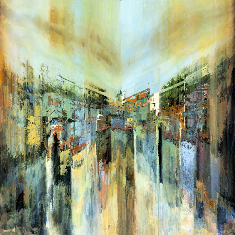 Ville sur le canal - peinture sur toile tendue, H 8 po x l 8 po