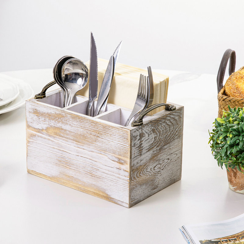 Gracie Oaks 4 Compartment Wood Rectangle Flatware Caddy