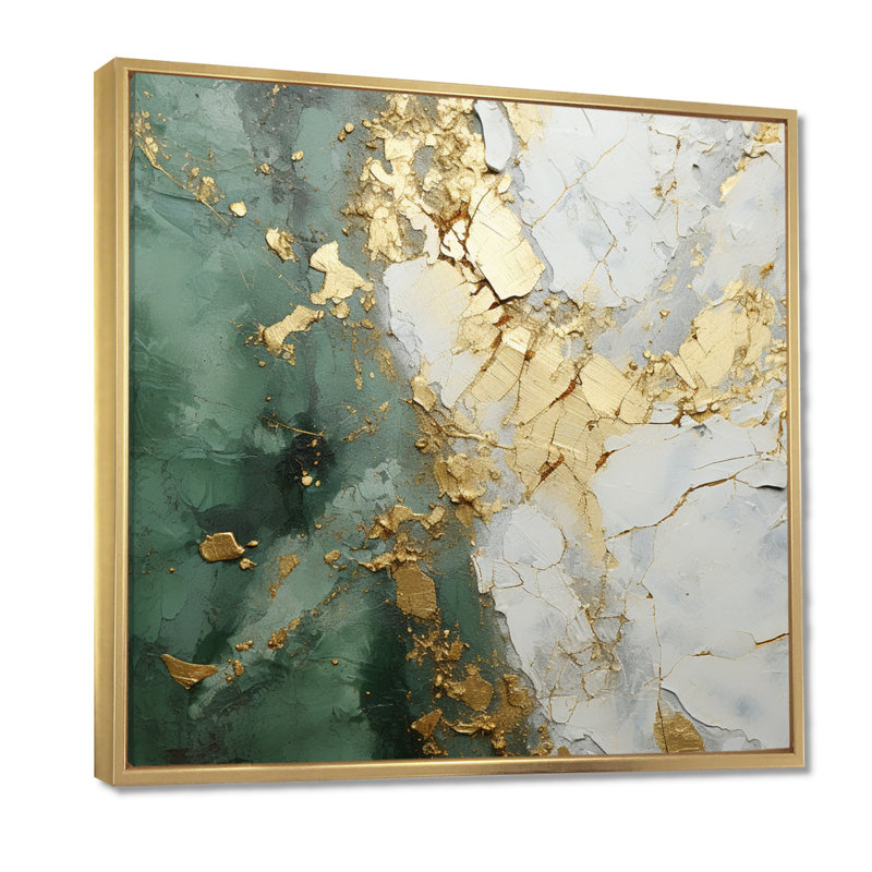 «Gold and Green Paint Fusion», peinture abstraite encadrée, H 36 po x l 36 po, Reproduction avec cadre flottant, Doré
