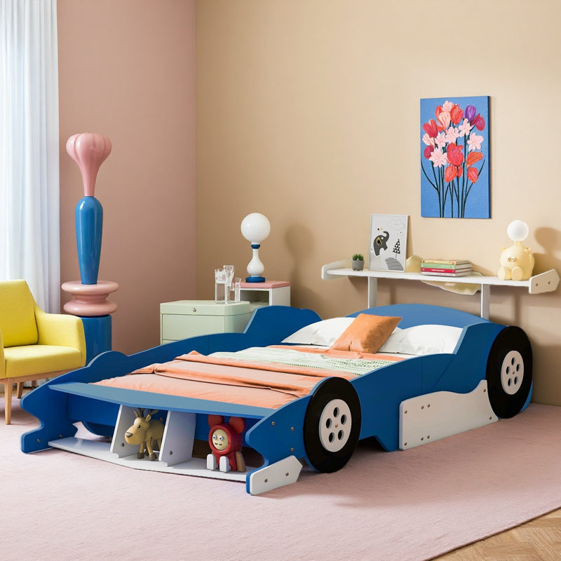Lit de voiture de course avec garde-corps pour enfants, Lit double, Bleu
