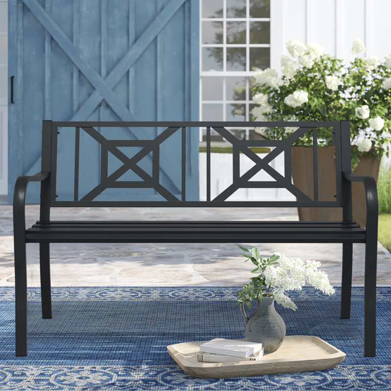 Banc d'extérieur en métal avec dossier floral