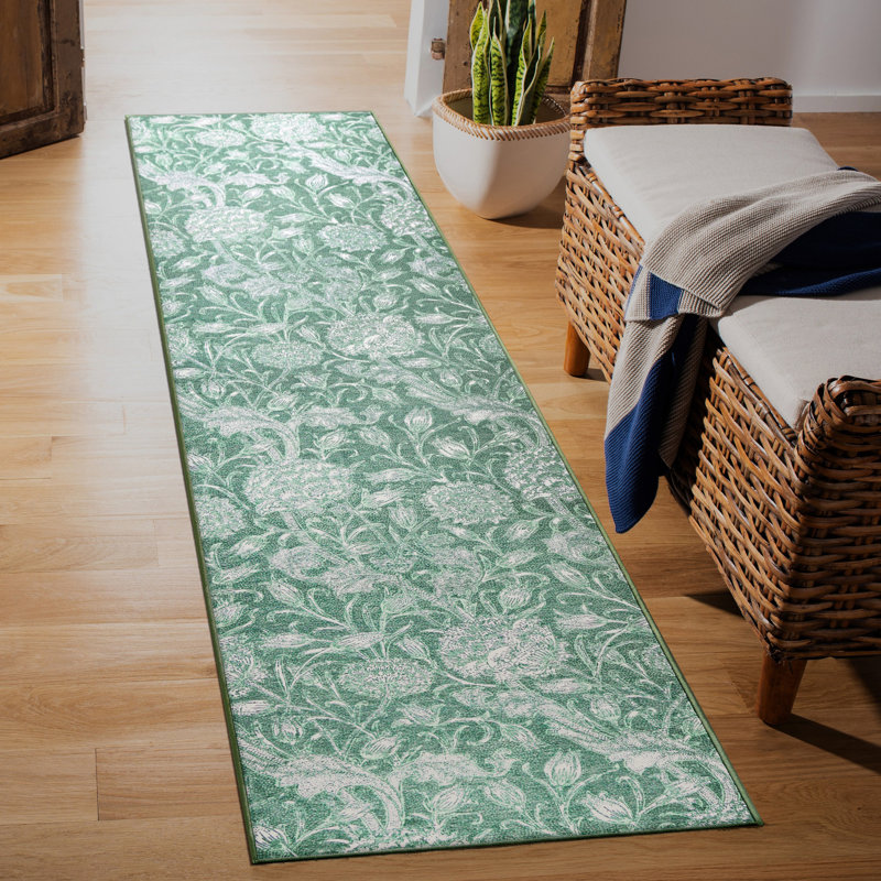 Kalini Floral Green Performance Flatweave Washable Floral Indoor / Outdoor Rug, Runner 2'6" x 10'