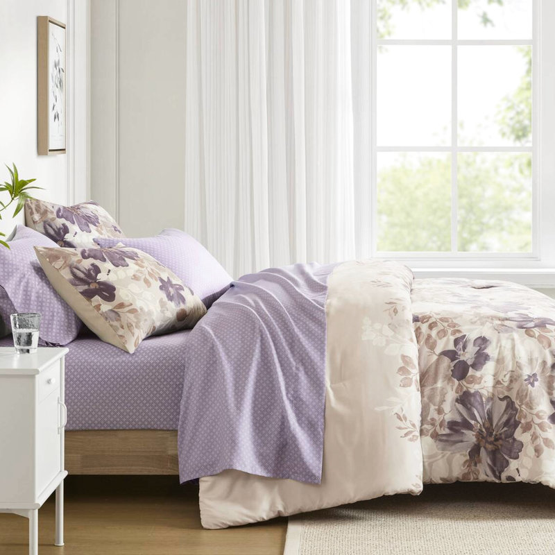 Lit double dans un sac édredon taupe à motif floral et drap, 2 taies décoratives, 1 drap plat, taies d'oreiller ajustées, microfibre imprimée, motif assorti, preuve avec draps, imprimé microfibre doux,