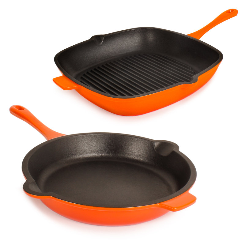 BergHOFF Neo 2Pc Orange Enamel on Cast Iron Cookware Set with 10" Fry Pan and 11" Grill Pan