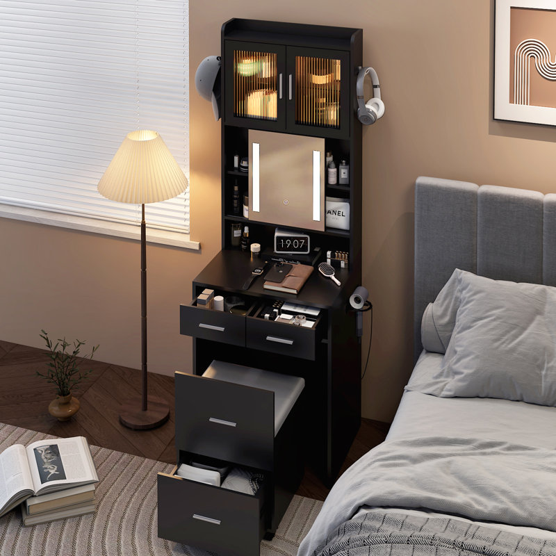 Ensemble de coiffeuse noire avec USB, Noir