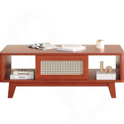 Mid Century Modern Coffee Table With Rattan Drawer And Storage, Ideal For Organizing Living Room Essentials And Adding Elegance