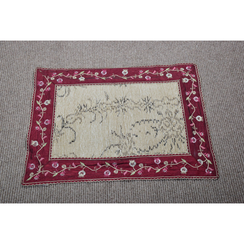 Handmade Antique Turkish Rug with Floral Embroidery, Wool Kilim Perfect for Entryway Decor