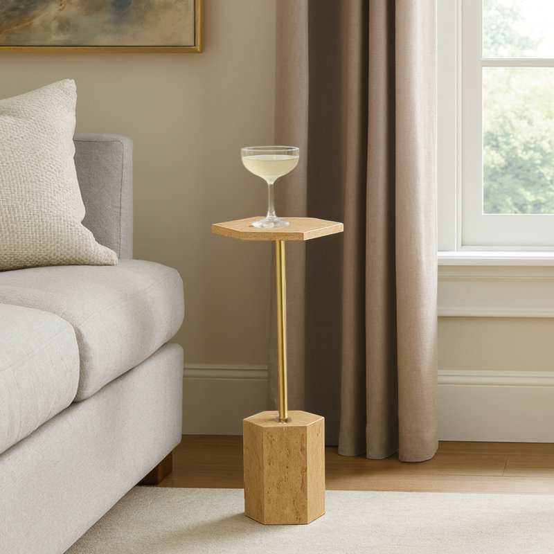 Transitional Handmade Solid Marble Martini Drink Table, Beige