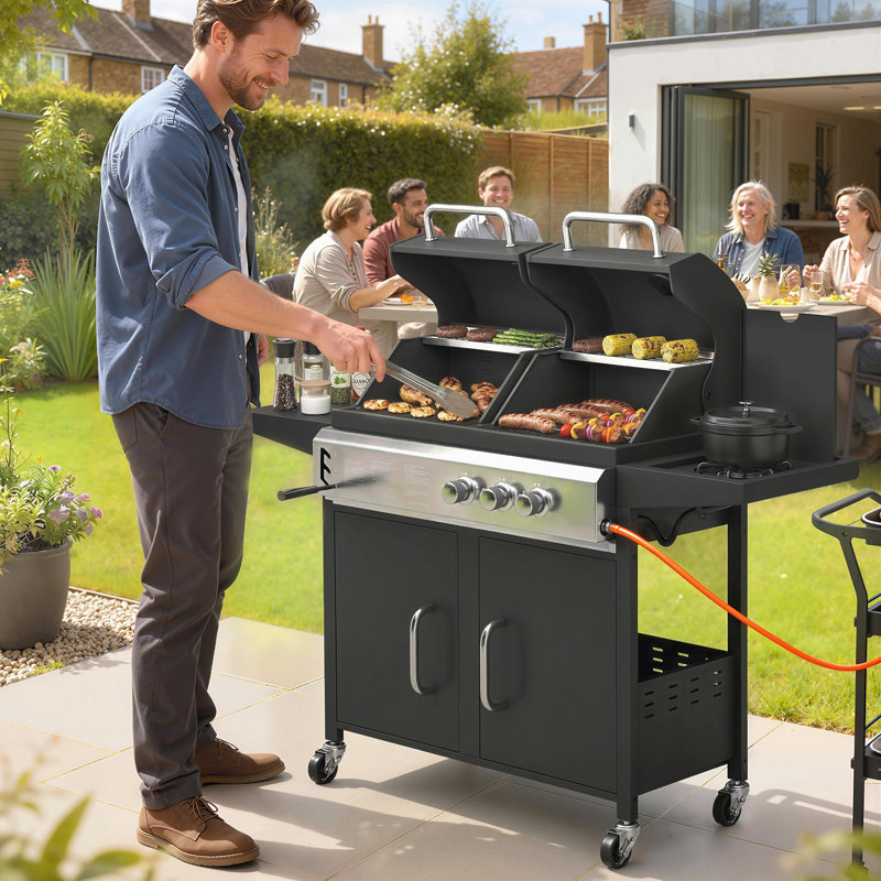 Outsunny 2+1 Burner Hybrid Dual Fuel BBQ Gas Grill w/Side Shelves Black